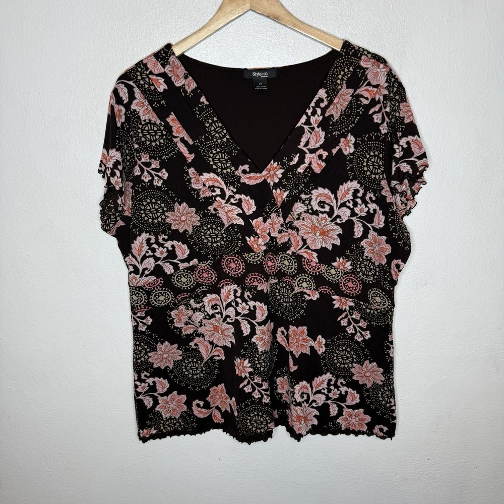 Style & Co Y2K Babydoll Top Women's 2X Brown Pink‎ Floral Lettuce Trim V-neck